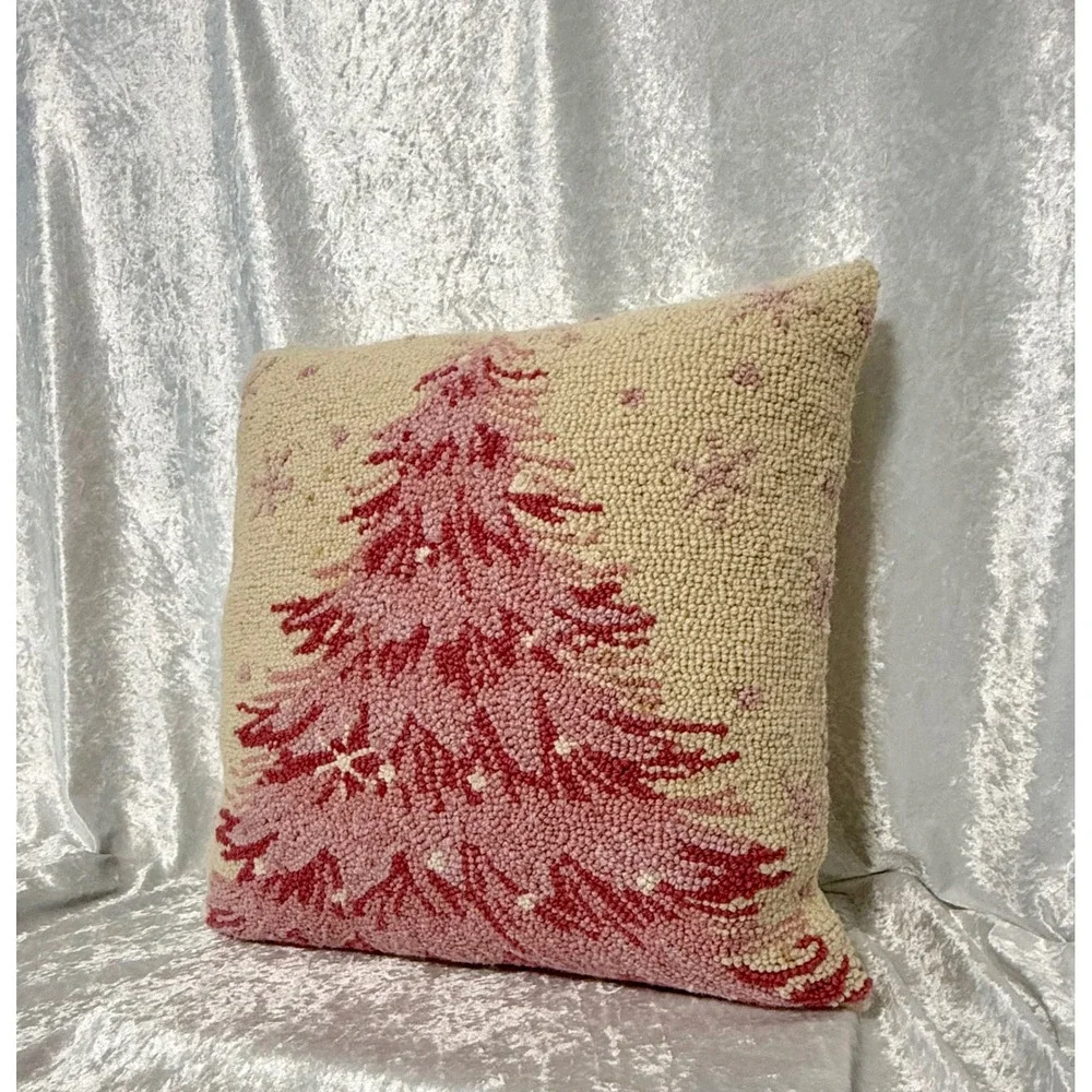 Peking Handicraft Pink Christmas Tree Hand Hooked Wool Pillow Velvet Back 18x18